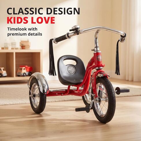 Flybar Classic Retro Tricycle For Toddlers Ages 2-4 With Adjustable Seat, Steel Frame, Chrome Handlebars & Stable Wide-Wheel Ride, Outdoor Ride-On Toddler Bike For Boys And Girls in Kuwait