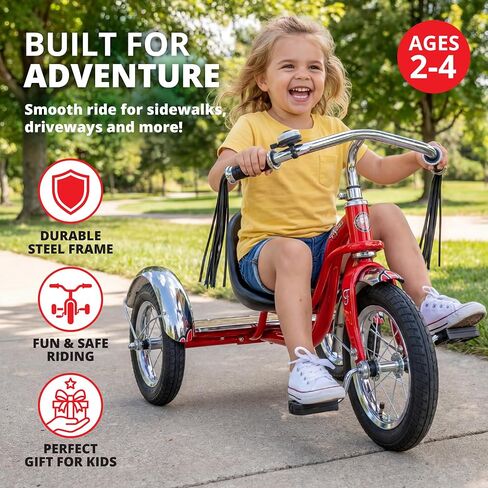 Flybar Classic Retro Tricycle For Toddlers Ages 2-4 With Adjustable Seat, Steel Frame, Chrome Handlebars & Stable Wide-Wheel Ride, Outdoor Ride-On Toddler Bike For Boys And Girls in Kuwait