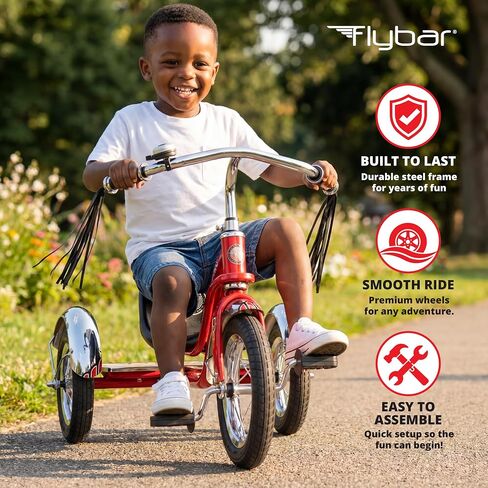 Flybar Classic Retro Tricycle For Toddlers Ages 2-4 With Adjustable Seat, Steel Frame, Chrome Handlebars & Stable Wide-Wheel Ride, Outdoor Ride-On Toddler Bike For Boys And Girls in Kuwait