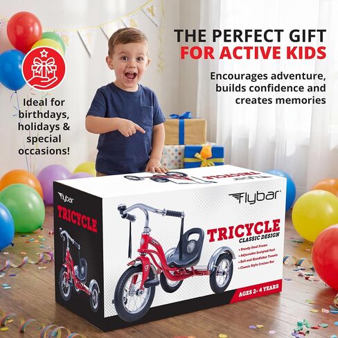 Flybar Classic Retro Tricycle For Toddlers Ages 2-4 With Adjustable Seat, Steel Frame, Chrome Handlebars & Stable Wide-Wheel Ride, Outdoor Ride-On Toddler Bike For Boys And Girls in Kuwait