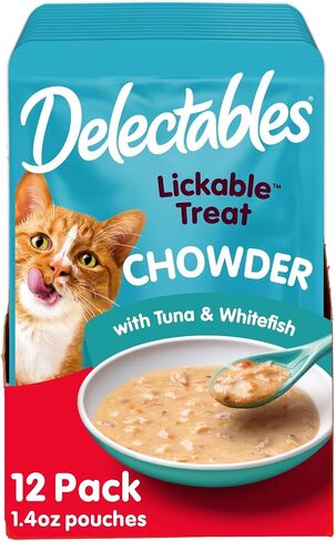 Delectables Lickable Treat Chowder Wet Cat Treat with Real Tuna & Chicken, Food Topper, Hydrating, Grain-Free, No Fillers, By-Products, Added Preservatives, 1.4oz Pouch, 12ct in Kuwait
