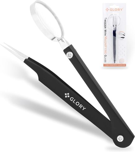 GLORY Black Tweezers with Magnifying Glass, Stainless Steel Fine Point Tweezers with Magnifier, Precision Splinter Removal Tool for Facial Hair, Thorns, Glass & Crafts, Foldable & Portable Design in Saudi Arabia