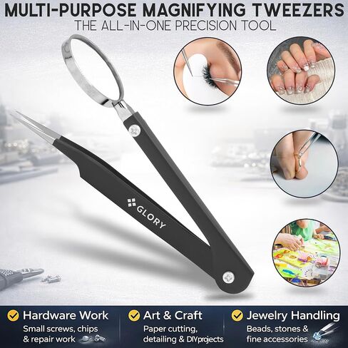 GLORY Black Tweezers with Magnifying Glass, Stainless Steel Fine Point Tweezers with Magnifier, Precision Splinter Removal Tool for Facial Hair, Thorns, Glass & Crafts, Foldable & Portable Design in Saudi Arabia