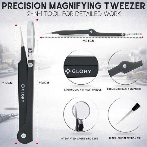 GLORY Black Tweezers with Magnifying Glass, Stainless Steel Fine Point Tweezers with Magnifier, Precision Splinter Removal Tool for Facial Hair, Thorns, Glass & Crafts, Foldable & Portable Design in Saudi Arabia