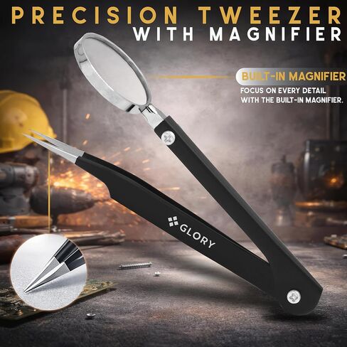 GLORY Black Tweezers with Magnifying Glass, Stainless Steel Fine Point Tweezers with Magnifier, Precision Splinter Removal Tool for Facial Hair, Thorns, Glass & Crafts, Foldable & Portable Design in Saudi Arabia