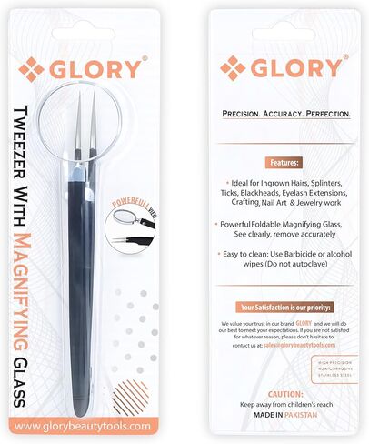 GLORY Black Tweezers with Magnifying Glass, Stainless Steel Fine Point Tweezers with Magnifier, Precision Splinter Removal Tool for Facial Hair, Thorns, Glass & Crafts, Foldable & Portable Design in Saudi Arabia