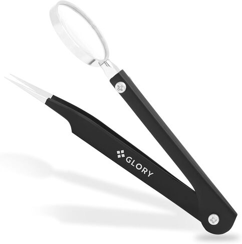 GLORY Black Tweezers with Magnifying Glass, Stainless Steel Fine Point Tweezers with Magnifier, Precision Splinter Removal Tool for Facial Hair, Thorns, Glass & Crafts, Foldable & Portable Design in Saudi Arabia