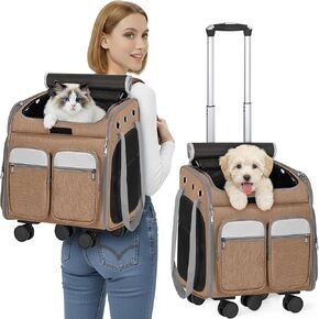 IBVIVIC Large Pet Carrier, Foldable Rolling Cat Carrier with Wheels, Khaki in Kuwait