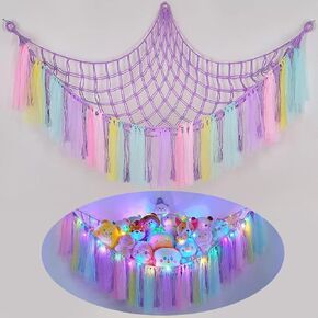 THIDARGO Stuffed Animal Hammock Storage Net with LED Lights, Colorful Tassels, 59in, for Kids Bedroom Nursery Playroom, Includes 3 Hooks (not including battery) (Purple) in Saudi Arabia