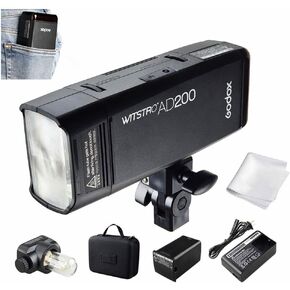 غودوكس فلاش ستروب AD200 200 واط 2.4G TTL 1/8000 HSS لاسلكي احادي الضوء مع بطارية ليثيوم 2900mAh ومصباح عاري/رأس فلاش سبيدلايت فريسنل لتغطية 500 لقطة طاقة كاملة واعادة التدوير في 0.01-2.1 ثانية in Kuwait