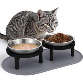 Elevated Cat Bowls with Food Mat,6.3 Inches Shallow Raised Bowls Whisker Friendly,2 Stainless Steel Cat Food and Water Dishes for Cats and Puppies,Dishwasher Safe in Kuwait