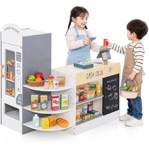 HONEY JOY Kids Grocery Store Playset, Wooden Supermarket Playset w/Cash Register & Vending Machine Toy, Blackboard, Checkout Counter Stand, Grocery Store Pretend Play for Toddler Boys Girls (Gray) in Kuwait