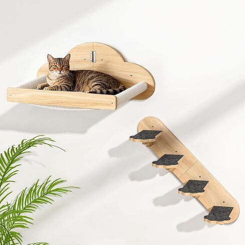 Cat Wall Shelves with 3 Steps, Wooden Cat Wall Furniture up to 15lbs, Floating Stairs for Small/Medium Cats, Kitty Wide Climber Shelf with Cozy Perch for Indoor, Sleeping, Jumping, Playing in Saudi Arabia