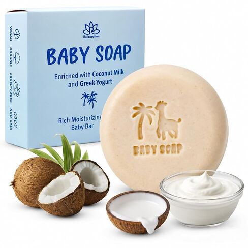 Baby Soap Bar with Greek Yogurt and Coconut Milk - Naturally Cold Processed from Organic Ingredients - Extra Moisturizing Baby's Delicate Skin - Handmade in USA in Kuwait