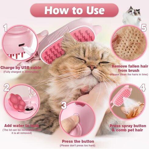 Pet Steam Brush for Dogs and Cats, Spritz Defur Comb 3 in 1 Pet Rechargeable Steam Brush Tool for Long and Short Haired Cats and Dogs, Anti-Static, Shedding, Detangling, Massage & Combing (pink) in Saudi Arabia