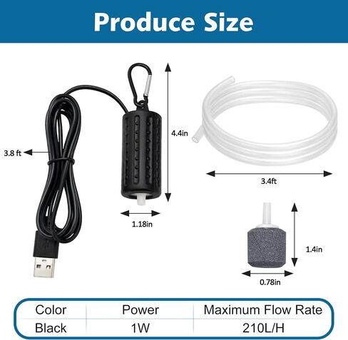 Mini Air Pump USB Aquarium Air Pump Portable Fish Tank Oxygen Pump Ultra Silent Oxygen Bubbler with Air Stone & Silicone Tube 1W Blcak in Saudi Arabia