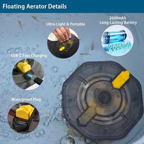 Rechargeable Floating Aerator Pump - IPX7 Waterproof Portable Bait Bucket Aerator, Live Bait Aerator for Fishing, 40H+ Battery for Power Outage, Fish Tank Bubbler for Live Minnows in Saudi Arabia