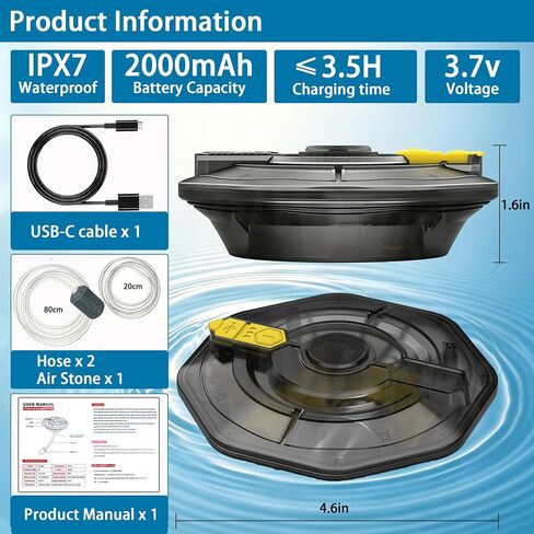 Rechargeable Floating Aerator Pump - IPX7 Waterproof Portable Bait Bucket Aerator, Live Bait Aerator for Fishing, 40H+ Battery for Power Outage, Fish Tank Bubbler for Live Minnows in Saudi Arabia