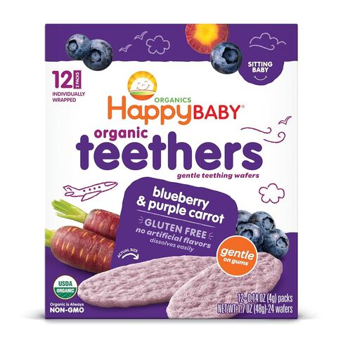 Happy Family Baby Gentle Teethers Organic Teething Wafers , 0.14 Ounce Packets (Box of 12) Soothing Rice Cookies for Teething Babies Dissolves Easily Gluten Free No Artificial Flavor in Kuwait