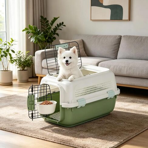 OS MOTOR 2-Door Hard Pet Carrier Travel Crate with Bowl (Green, 19.5" L x 12.0" W x 12.0" H) in Saudi Arabia