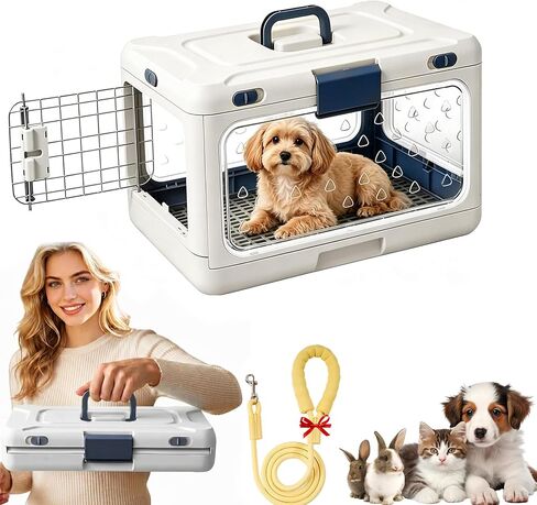 Foldable Hard Cat Carrier, Transparent Pet Crate for Cats & Small Dogs, Collapsible Travel Kennel with Ventilation & Urine Pad Mesh Grid, Portable Travel cage, Essential for pet Travel, White in Kuwait