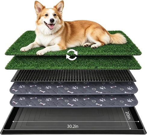PAWISE Dog Grass Pad with Tray 30"x20" - Indoor Dog Potty with 2 Artificial Grass Patches + 2 Washable Pee Pads + Drainage Grate - Reusable Puppy Potty Training Pad for Apartment Balcony Patio in Kuwait