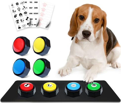 Recordable Buttons, Dog Buttons for Communication, Pack of 4 Colored Buzzers with Mat & 30 Scene Stickers 15 Custom Stickers. Non-Slip Stickers Inside in Kuwait