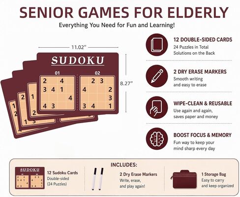 12 Pcs Reusable Sudoku Game for Dementia Game-Dementia Activities for Seniors with Alzheimer's-Seniors Alzheimers Activities-Large Print Sudoku Books for Adults and Seniors in Kuwait