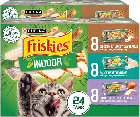 Purina Friskies Indoor Cat Food 24ct VP - (Chicken and Turkey Casserole, Saucy Seafood Bake, Homestyle Turkey Dinner) - (Pack of 24) 5.5 oz. Cans in Kuwait