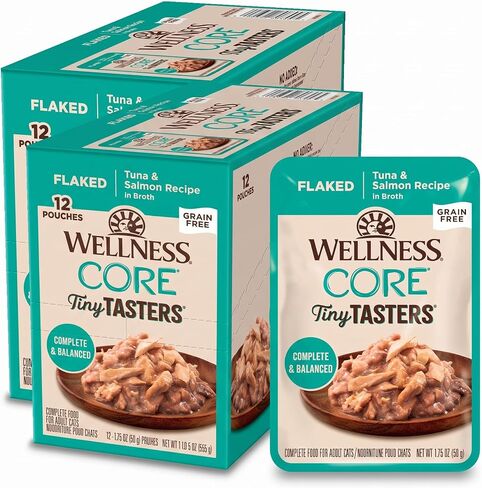 طعام القطط الرطب من Wellness CORE، طعام طبيعي كامل ومتوازن للحيوانات الأليفة، مصنوع من اللحوم الحقيقية، كيس 1.75 أونصة، 12 عبوة (القطط البالغة، سمك التونة المقشر وسمك السلمون في المرق) in Kuwait