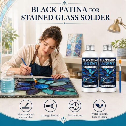 Black Patina for Stained Glass Solder 200g, for Deep Dark Finish Permanent Color on Silver Solder Lines, Enhance Craft Contrast & Vintage Look, Stained Glass Supplies in Kuwait