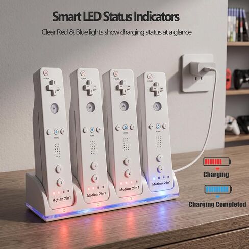 4-in-1 Charging Station for Wii&Wii U Remote Controller,Charger with 4 Rechargeable Battery Packs (4 Port Charging Station+4 pcs 2800mAh Replacement Batteries+USB Cable),Remote Not Included in Kuwait