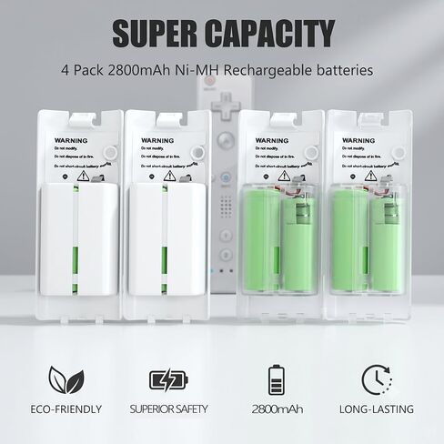 4-in-1 Charging Station for Wii&Wii U Remote Controller,Charger with 4 Rechargeable Battery Packs (4 Port Charging Station+4 pcs 2800mAh Replacement Batteries+USB Cable),Remote Not Included in Kuwait