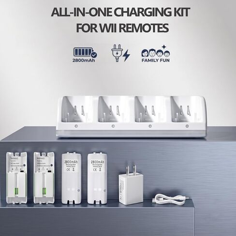 4-in-1 Charging Station for Wii&Wii U Remote Controller,Charger with 4 Rechargeable Battery Packs (4 Port Charging Station+4 pcs 2800mAh Replacement Batteries+USB Cable),Remote Not Included in Kuwait