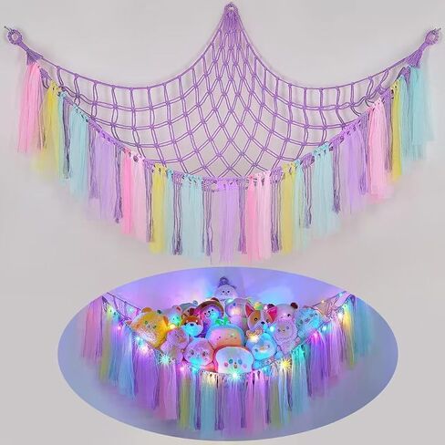 THIDARGO Stuffed Animal Hammock Storage Net with LED Lights, Colorful Tassels, 59in, for Kids Bedroom Nursery Playroom, Includes 3 Hooks (not including battery) (Purple) in Saudi Arabia