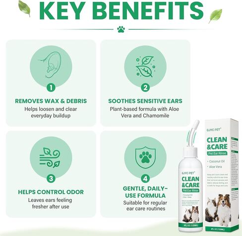 Dog Ear Cleaner & Cat Ear Wash with Flexible Silicone Tip, Gentle Deep Cleaning Solution for Ear Wax, Dirt & Odor, Aloe Vera Pet Ear Care Formula, Safe Daily Ear Hygiene, 4.05oz in Saudi Arabia