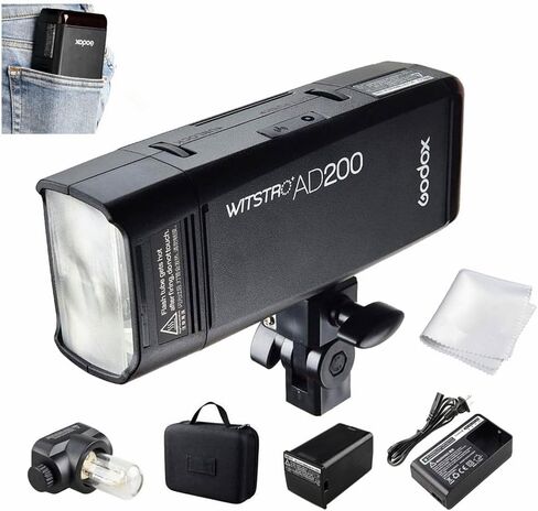 غودوكس فلاش ستروب AD200 200 واط 2.4G TTL 1/8000 HSS لاسلكي احادي الضوء مع بطارية ليثيوم 2900mAh ومصباح عاري/رأس فلاش سبيدلايت فريسنل لتغطية 500 لقطة طاقة كاملة واعادة التدوير في 0.01-2.1 ثانية in Kuwait