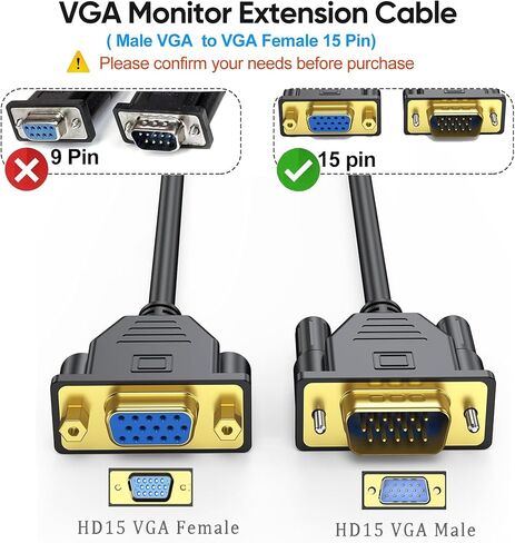 كابل تمديد VGA 3FT، VGA ذكر إلى أنثى سلك 3 أقدام 15 دبوس (وليس 9 دبوس)، كابل محول فيديو SVGA موسع HD15 يدعم 1080P Full HD لأجهزة الكمبيوتر المحمول، الكمبيوتر الشخصي، جهاز العرض، HDTV، العرض in Kuwait