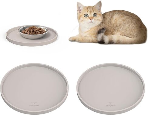 Arespark Cat Food Mat, Set of 2 Nonslip Waterproof Feeding Bowl Silicone Mats with Raised Edges for Food Water Prevent Spills, Round Eating Plates Tray for Dog Cat Puppy Kitten, 8'' x 8'' in Saudi Arabia