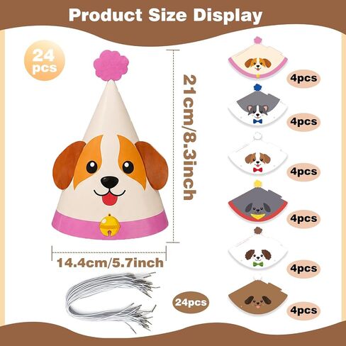 24Pcs 6 Designs Dog Birthday Party Hats, 11.8 x 8.3 in Cute Puppy Cone Hats Pet Dog Themed Party Decorations Kids Adults Photo Props Colorful Puppy Party Supplies in Saudi Arabia