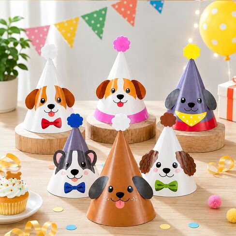 24Pcs 6 Designs Dog Birthday Party Hats, 11.8 x 8.3 in Cute Puppy Cone Hats Pet Dog Themed Party Decorations Kids Adults Photo Props Colorful Puppy Party Supplies in Saudi Arabia