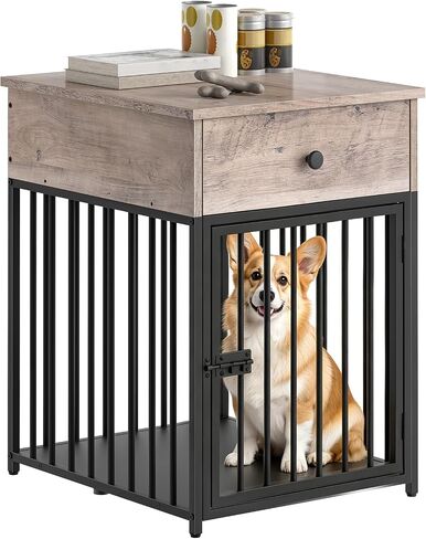 HOOBRO Dog Crate Furniture, Wooden Dog House, Decorative Dog Kennel with Drawer, Indoor Pet Crate End Table for Small Dog, Steel-Tube Puppy Cage, Chew-Proof, Rustic Brown and Black BF01GW03 in Kuwait