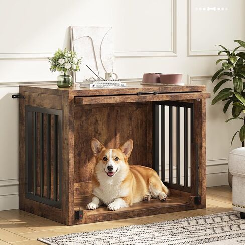 Jocoevol Dog Crate Furniture - 30'' Wooden Dog Kennel for Dogs up to 30 lb, Small Dog Crate with Hidden Sliding Door, Heavy Duty Dog Cage with Safety Latch and Quiet Pads, Rustic Brown in Saudi Arabia