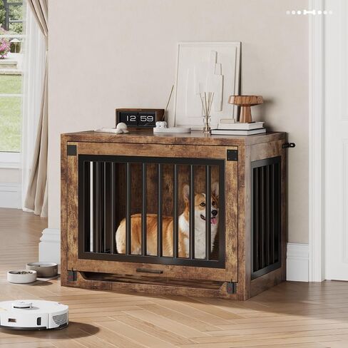 Jocoevol Dog Crate Furniture - 30'' Wooden Dog Kennel for Dogs up to 30 lb, Small Dog Crate with Hidden Sliding Door, Heavy Duty Dog Cage with Safety Latch and Quiet Pads, Rustic Brown in Saudi Arabia