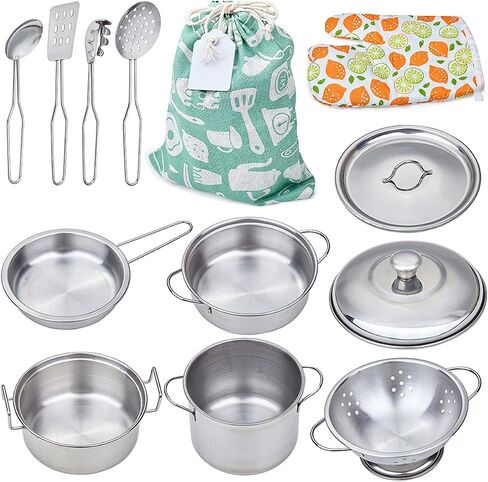 Play Pots and Pans Toys for Kids - Kitchen Playset Pretend Cookware Mini Stainless Steel Cooking Utensils Development Toys for Children Ages 3 Years and up in Kuwait