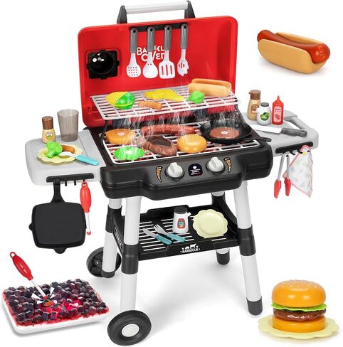 Kids Play Kitchen Toys, Kids BBQ Grill Playset with Smoke Sound Light, 2-Layer Barbecue Toy with Wheels, Outdoor Play Food Toys Cooking Set for Toddlers 3-5, Birthday for Boys Girls in Saudi Arabia