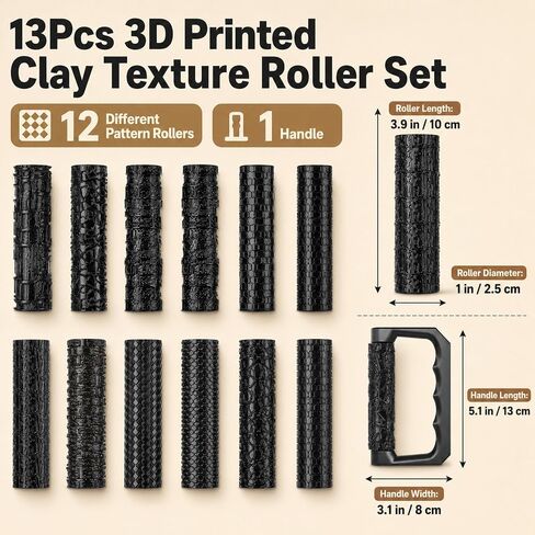 Conderyang 13Pcs 3D Printed Clay Texture Roller Set 12-Pattern in Kuwait