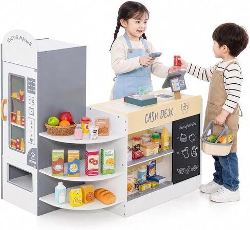 HONEY JOY Kids Grocery Store Playset, Wooden Supermarket Playset w/Cash Register & Vending Machine Toy, Blackboard, Checkout Counter Stand, Grocery Store Pretend Play for Toddler Boys Girls (Gray) in Kuwait