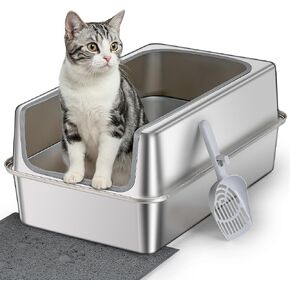 Stainless Steel Litter Box with Metal Lid and Scoop - Enclosed Metal Litter Box for Large Cats, Rust-Resistant, Odor-Control, Easy to Clean, Durable & Long-Lasting with Round Edge (L) in Saudi Arabia