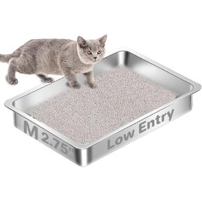 Low Entry Stainless Steel Cat Litter Box for Senior Cats, Metal Shallow Litter Box, Easy Access Kitty Litter Pan Tray, Pet Bathroom Accessories-17.72''Lx 13.78'' W x2.76'' H in Saudi Arabia